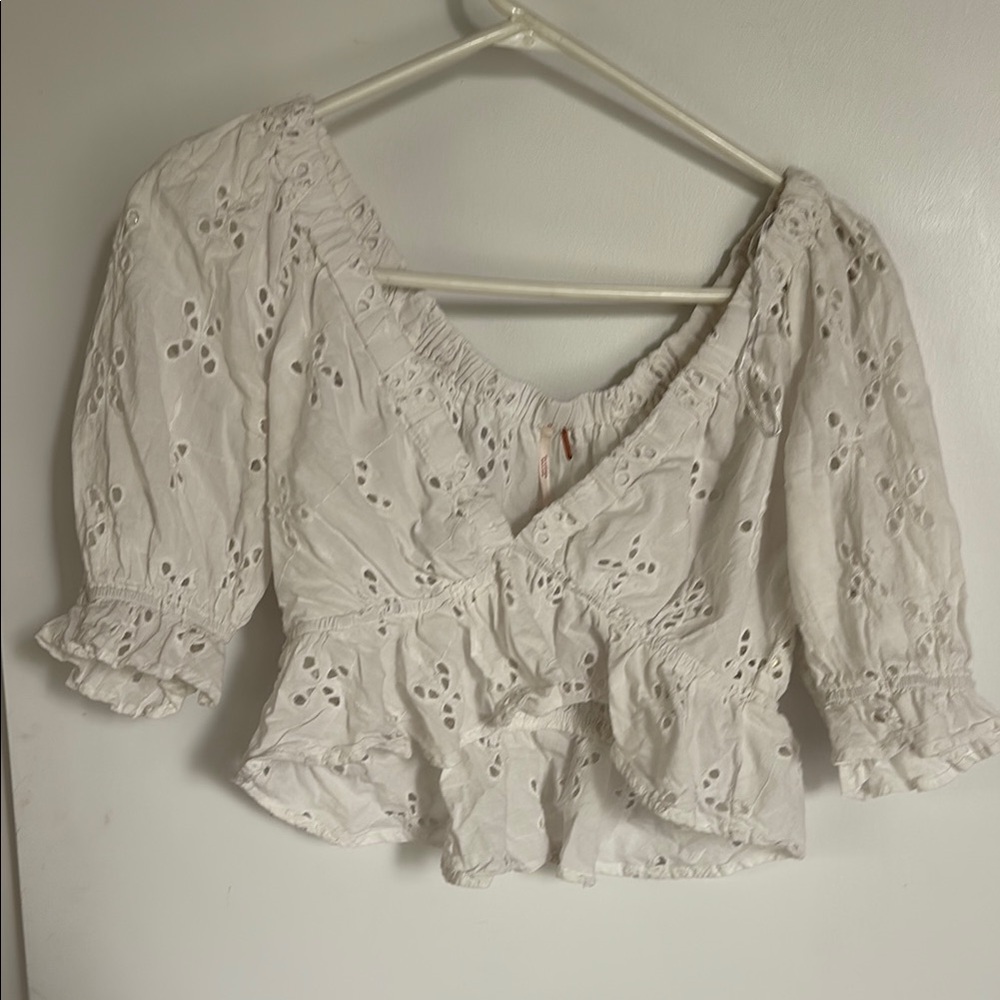 Free People Cream Peplum Blouse with Puff Sleeves